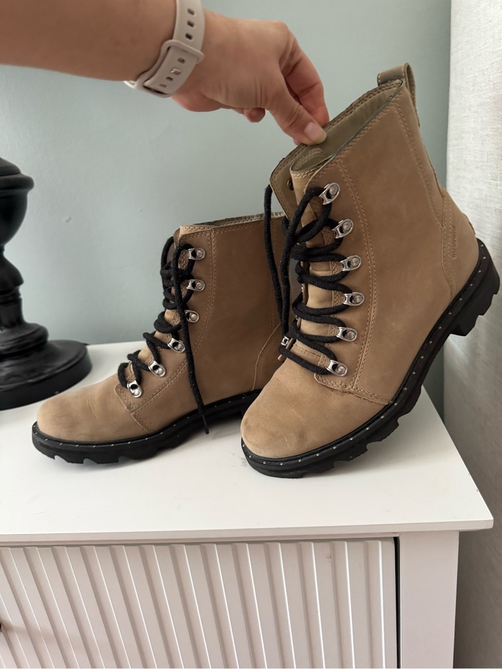 Sorel Tan Lace-Up Combat Boots with Black Lug Sole - Picture 3 of 5